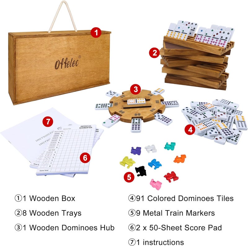 Offelec Mexican Train Dominoes Set with 8 Holders, Double 12 Dominos Set for Adults, Mexican Dominoes Train for Kids and Family Game, Mexican Train Games with 91 Colored Tile Dominos and Wooden Box - Image 2
